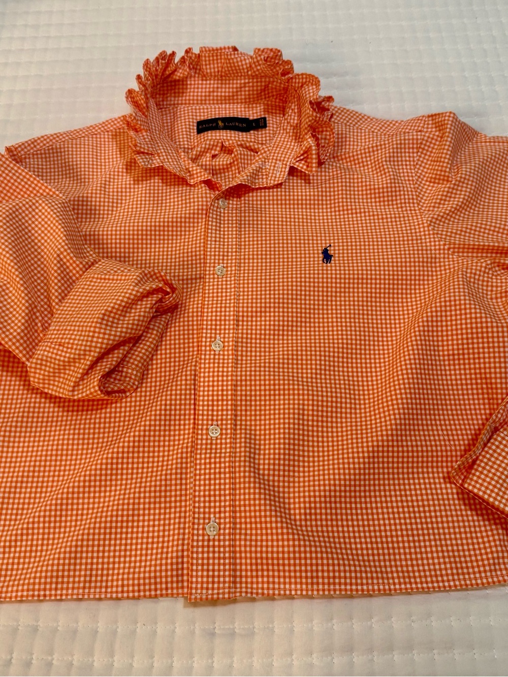 Upcycled Men’s Ralph Lauren Orange Gingham Ruffle-Collar Button Shirt - Picture 4 of 8